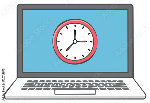 Laptop screen displays clock icon representing time management or deadlines