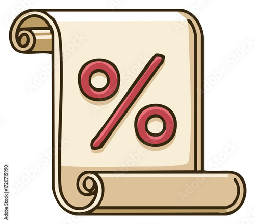 Vintage parchment scroll with a percent symbol for historical finance rates and discounts