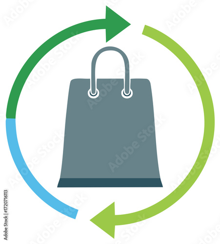 Circular economy icon with a shopping bag and arrows representing sustainable retail