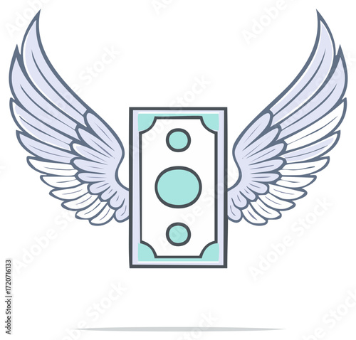 Flying Money with Angel Wings, Cartoon Symbol of Financial Freedom and Wealth