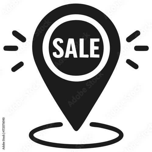 Black location pin icon with the word sale and radiating lines symbolizing announcement or discount