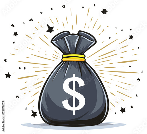 Stylized Money Bag Illustration with Dollar Sign and Star Burst Accent