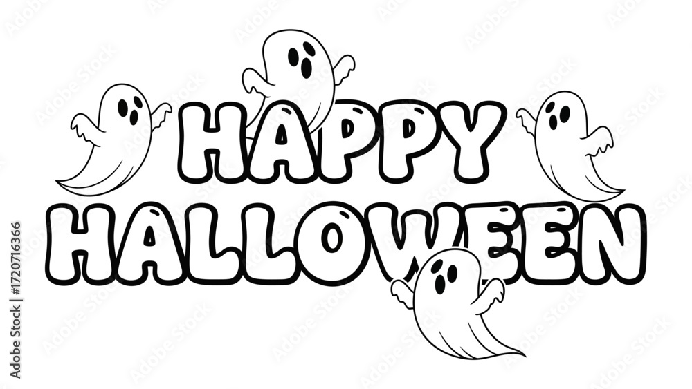 Fototapeta premium Happy Halloween Graphic: Celebrate the spooktacular season with a charming monochrome graphic featuring playful ghosts, designed to evoke a festive feeling for your holiday decorations.