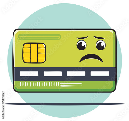 Unhappy Credit Card Cartoon Expressing Financial Troubles and Payment Decline