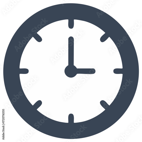 Clock icon, navy blue circular timepiece, isolated vector design