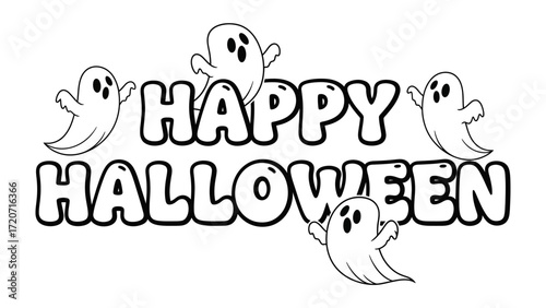 Happy Halloween Graphic: Celebrate the spooktacular season with a charming monochrome graphic featuring playful ghosts, designed to evoke a festive feeling for your holiday decorations.