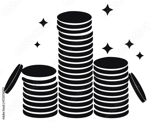 Stylized illustration of three stacks of coins with sparkling stars, representing wealth and success
