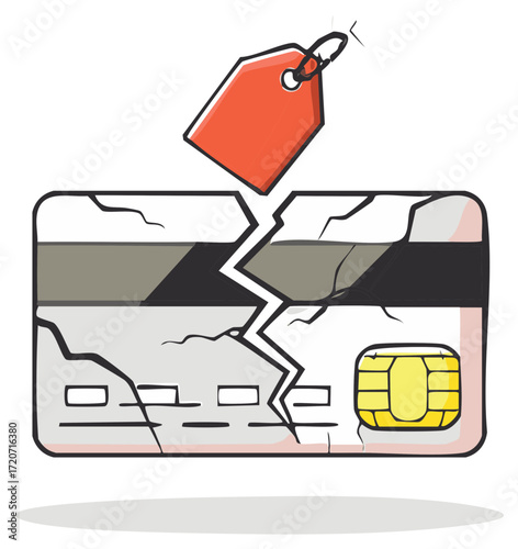 Broken credit card with red price tag symbolizing financial debt and economic burden