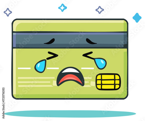 Sad cartoon credit card character crying with tears illustrating financial problems debt and economic stress