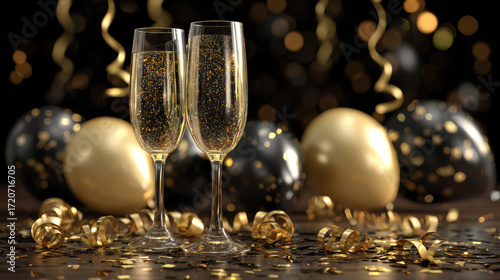 Two champagne glasses filled with sparkling wine are surrounded by gold and black balloons and confetti, creating festive celebration atmosphere