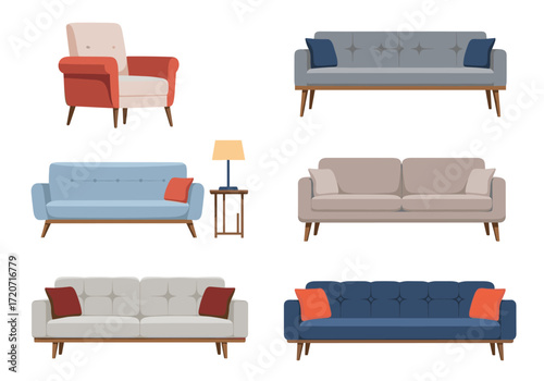 Collection of modern sofas and armchairs with cushions and side table illuminated by a lamp.