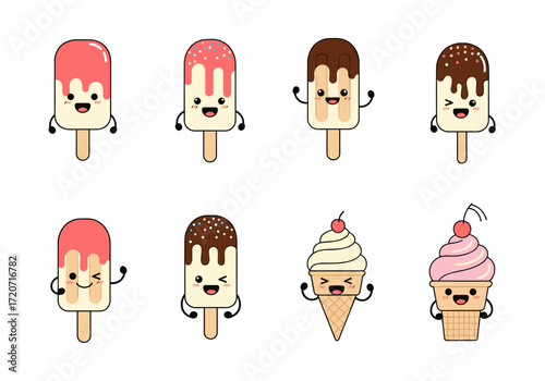 Collection of adorable cartoon ice cream popsicles and cones with happy faces expressing joy.