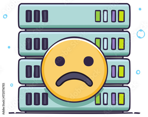Sad Face Emoji in front of Data Server Racks, Network Trouble Icon