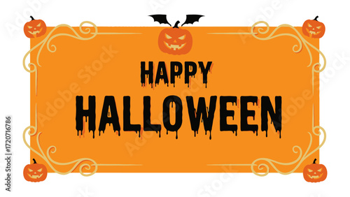 Happy Halloween Banner: A festive Halloween banner with a bold, orange backdrop and a creatively designed spooky border with a bat. A captivating scene which is sure to give you a festive feeling