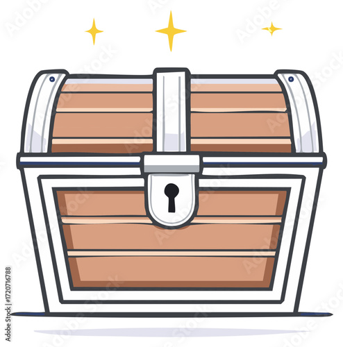 Cartoon Style Illustration of a Wooden Treasure Chest with Bright Stars Indicating Valuable Contents, Security Lock and Frame