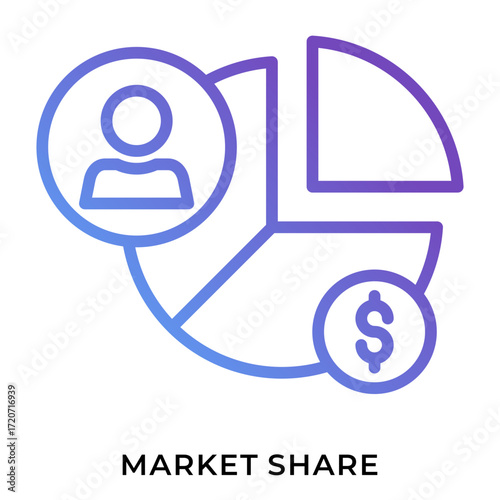 Market Share Gradient Icon – Purple blue gradient design of pie chart with user and dollar, symbolizing modern digital analytics, competitive market research, and sales performance reports in creative