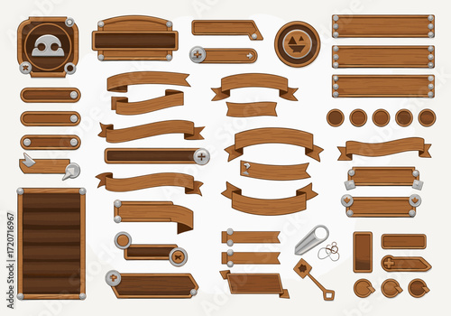 Collection of wooden game ui elements and buttons for interfaces.