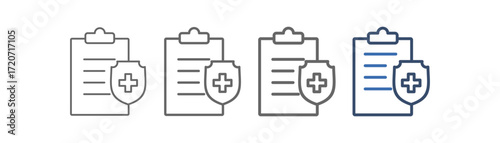 
Medicare outline icon set with document, shield and plus sign design