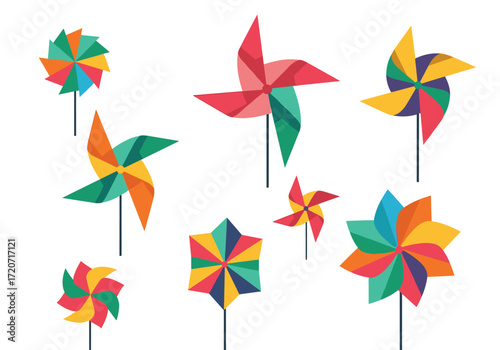 Colorful pinwheels spinning in the wind on a bright day outside.