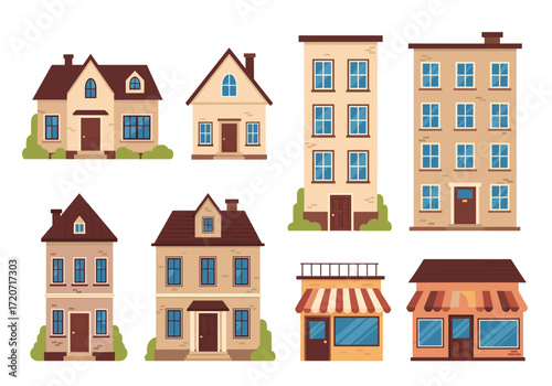 A collection of charming detached houses and apartment buildings offering a variety of architectural styles for urban and suburban settings.