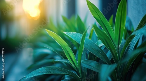 Green leaves with water droplets against a blurred background.