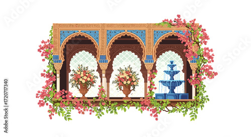 Elegant Moorish Architecture with Floral Accents: A Decorative Illustration Featuring Arches, Flowers, and a Fountain for Cultural and Artistic Designs
