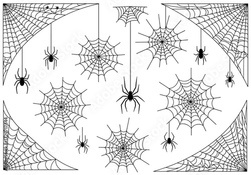 A collection of spooky spider webs and creepy crawly spiders perfect for your next Halloween decoration.