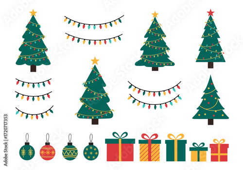 Collection of decorated christmas trees and festive holiday gifts for seasonal celebrations.