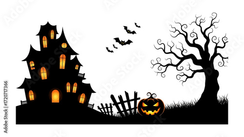 Spooky Halloween Silhouette: A spine-chilling silhouette captures the essence of Halloween, featuring a haunted house, spooky tree, flying bat and a glowing Jack-o'-lantern.