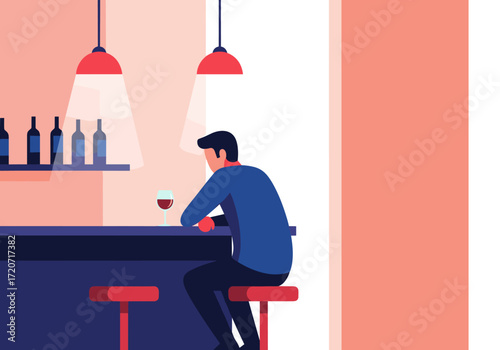 A lonely man sits at a bar with a drink in front of him. The atmosphere is dimly lit and moody.