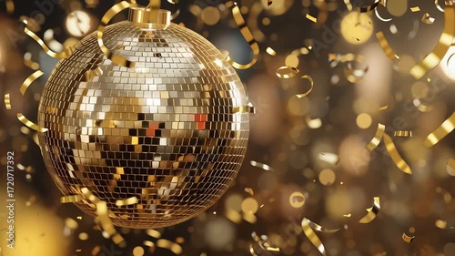 Shimmering Golden Disco Ball with Reflective Confetti Creates Festive and Celebratory Atmosphere
