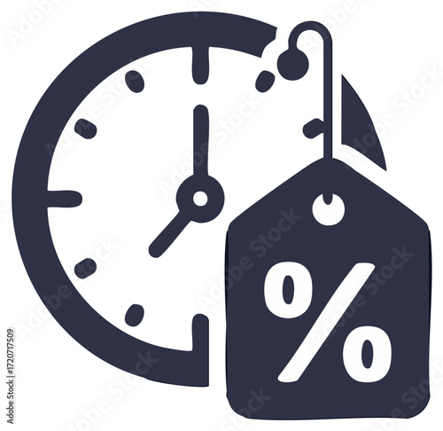 Clock indicating time with percent sign, discounts and sales concept illustration