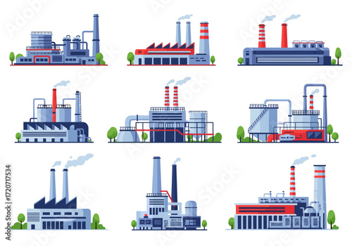 Diverse collection of industrial factory buildings depicted with smoking chimneys and surrounding greenery.