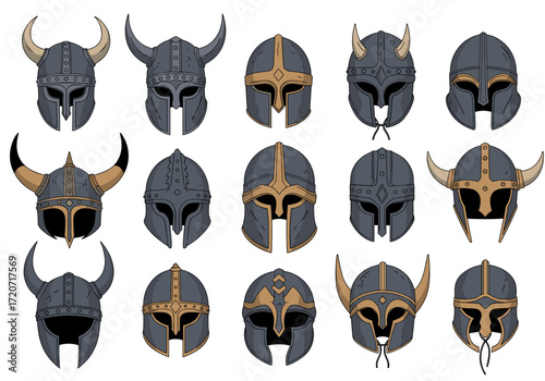A collection of warrior helmets from ancient times representing different cultural influences and designs.