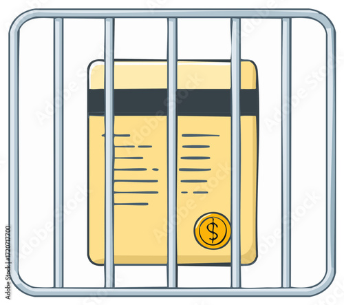 Cartoon credit card in a jail representing debt, financial problems and overspending