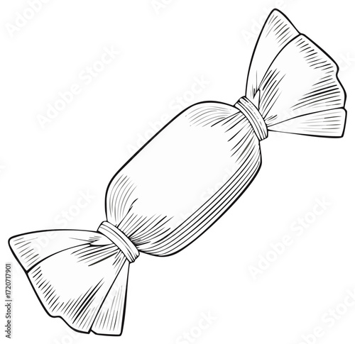 Isolated black and white line art drawing of a classic wrapped candy sweet