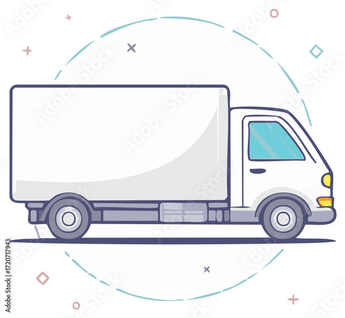 White delivery truck illustration with abstract circular graphic and geometric shapes
