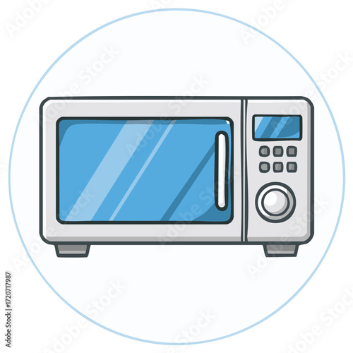 Cartoon illustration of a microwave oven in a blue circle against a white background.