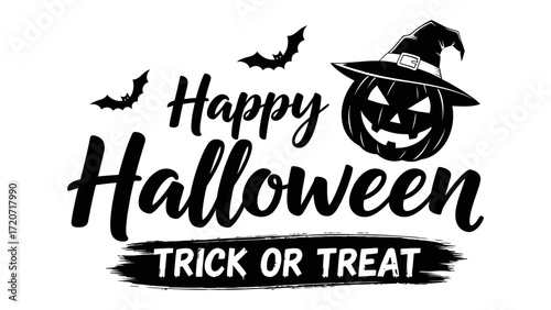 Halloween Delights: Spooky design features a grinning Jack-o'-lantern adorned with a witch's hat, accompanied by a pair of bats in flight, with Happy Halloween - Trick or Treat text.
