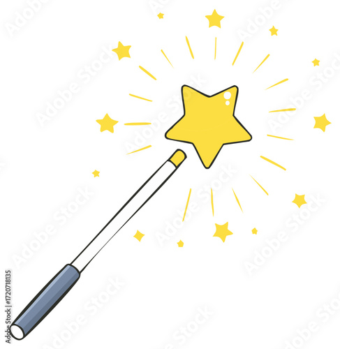 Magical Wand with Glowing Star and Scattered Yellow Stars Icon Conjuring Magic Spells Illustration