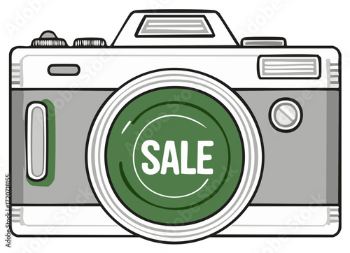 Stylized camera with a green lens and a Sale text, promotion, discount concept