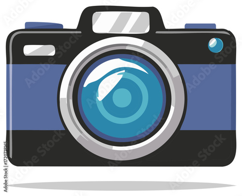 Vibrant Blue And Black Retro Camera Illustration With Glossy Lens