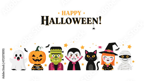Happy Halloween: A cheerful and festive illustration featuring an array of beloved Halloween characters with an inviting message.