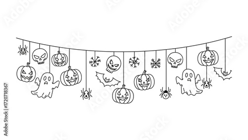Spooky Halloween Decorations: An artful array of Halloween decorations hangs, forming a spooky garland, including jack-o'-lanterns, ghosts, spiders, and other eerie elements.