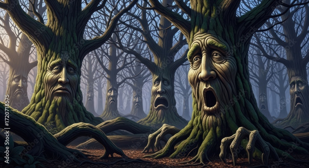 Obraz premium Eerie Anthropomorphic Forest with Expressive Tree Faces and Gnarled Roots, Conveying Mystery and Emotion