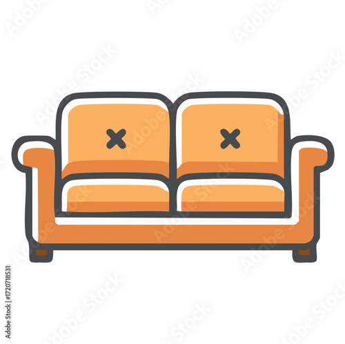 Vibrant orange two-seater couch illustration depicting modern comfortable home furniture design