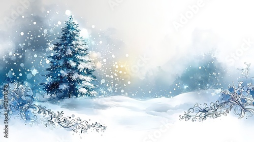 Blue Christmas Tree with Sparkles and Ornate Scrolls on White Background