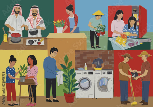 Diverse couples doing chores and cooking at home