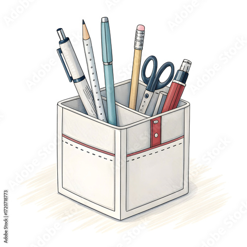 A stylish desktop pen holder isolated on a white background, used for organizing pens and stationery in office