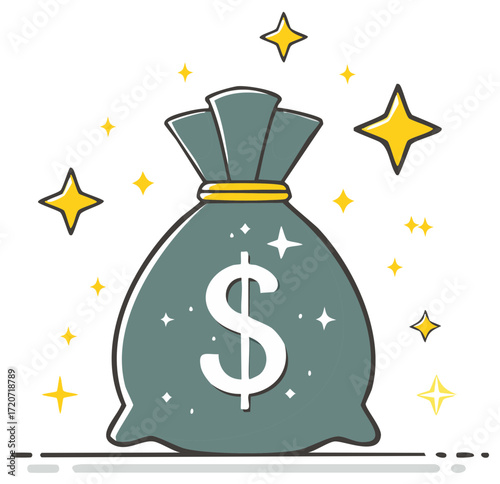Moneybag with Dollar Sign surrounded by Stars Symbolizing Wealth and Prosperity